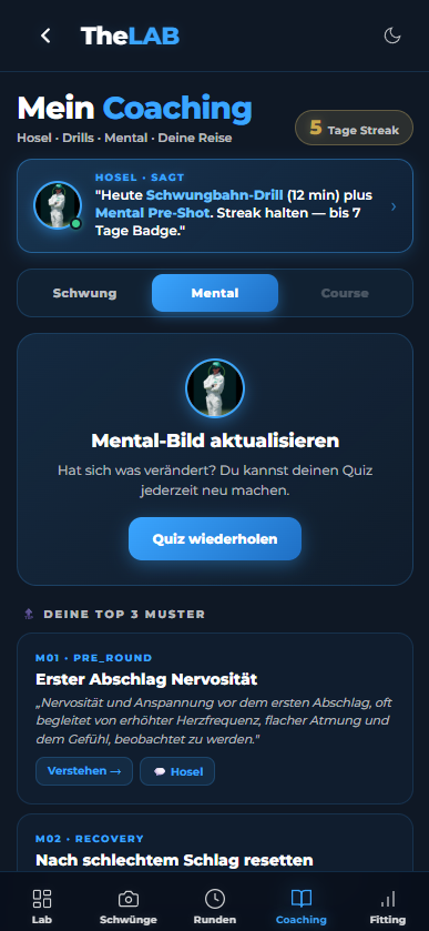 Mental-Tab mit Top 3 Mustern, Pre-Round Nervosität, Recovery