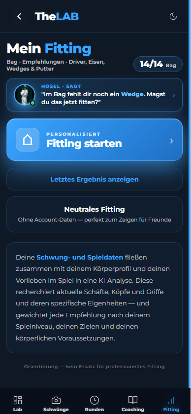 Mein Fitting Hub mit 14/14 Bag, Hosel-Empfehlung Wedge fehlt