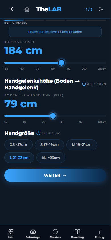 Fitting-Quiz Körpermaße — 184cm, Handgelenk 79cm, Handgröße L