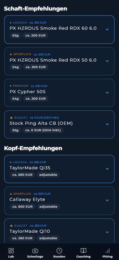 Schaft-Empfehlungen PX HZRDUS, Cypher und Kopf-Empfehlungen TaylorMade Qi35